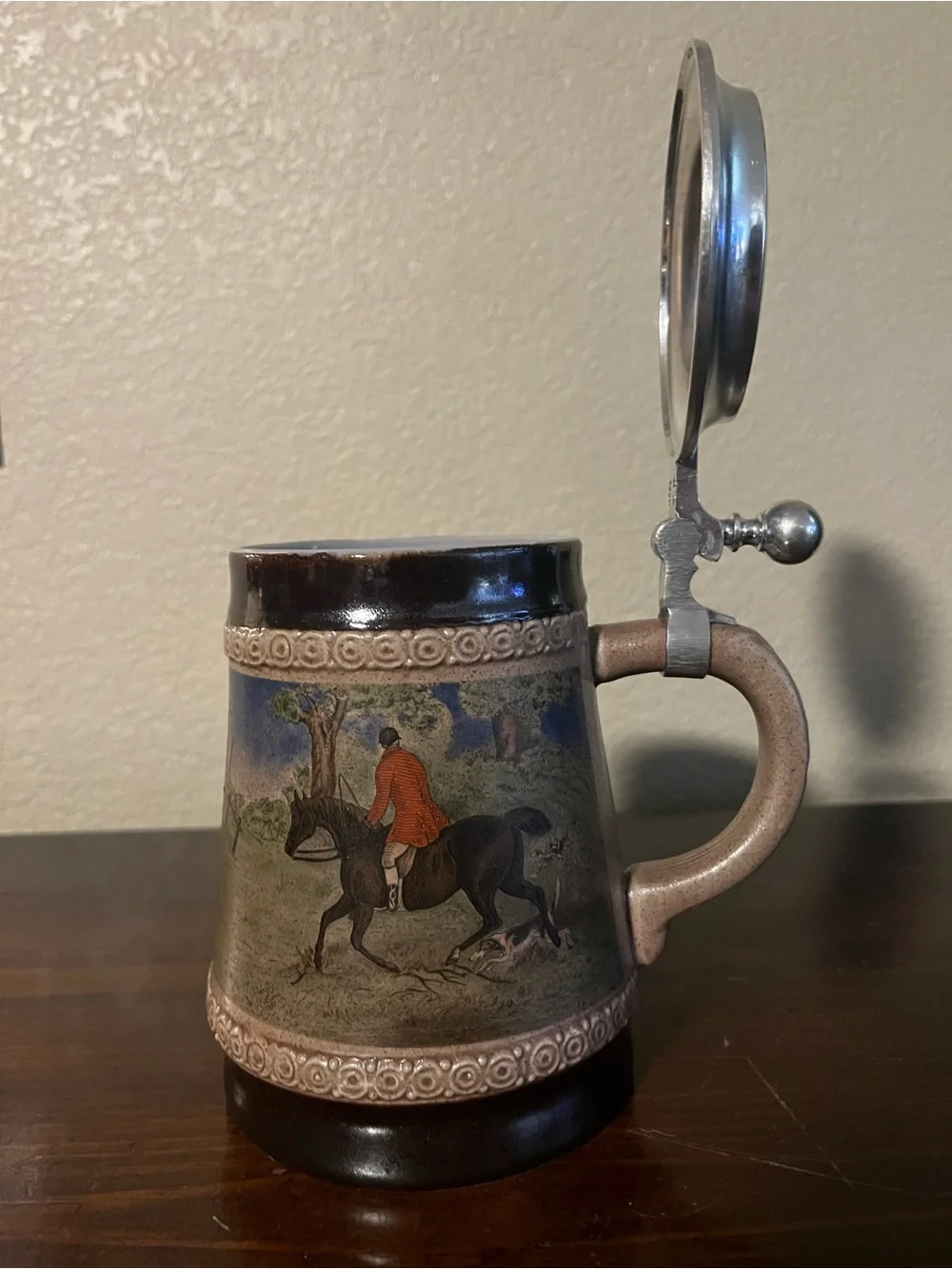 Vintage Marzi & Remy German ceramic beer stein featuring a 